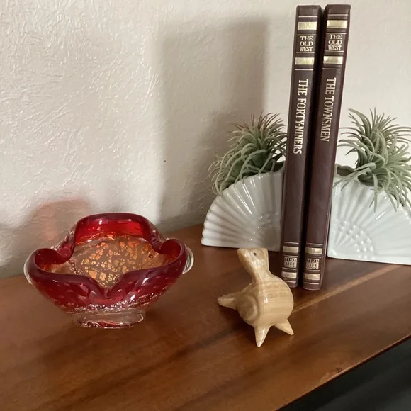 Murano Venetian Art Glass Bowl Hand Blown Red And Gold Flecks Italy MCM Vintage - Picture 6 of 16